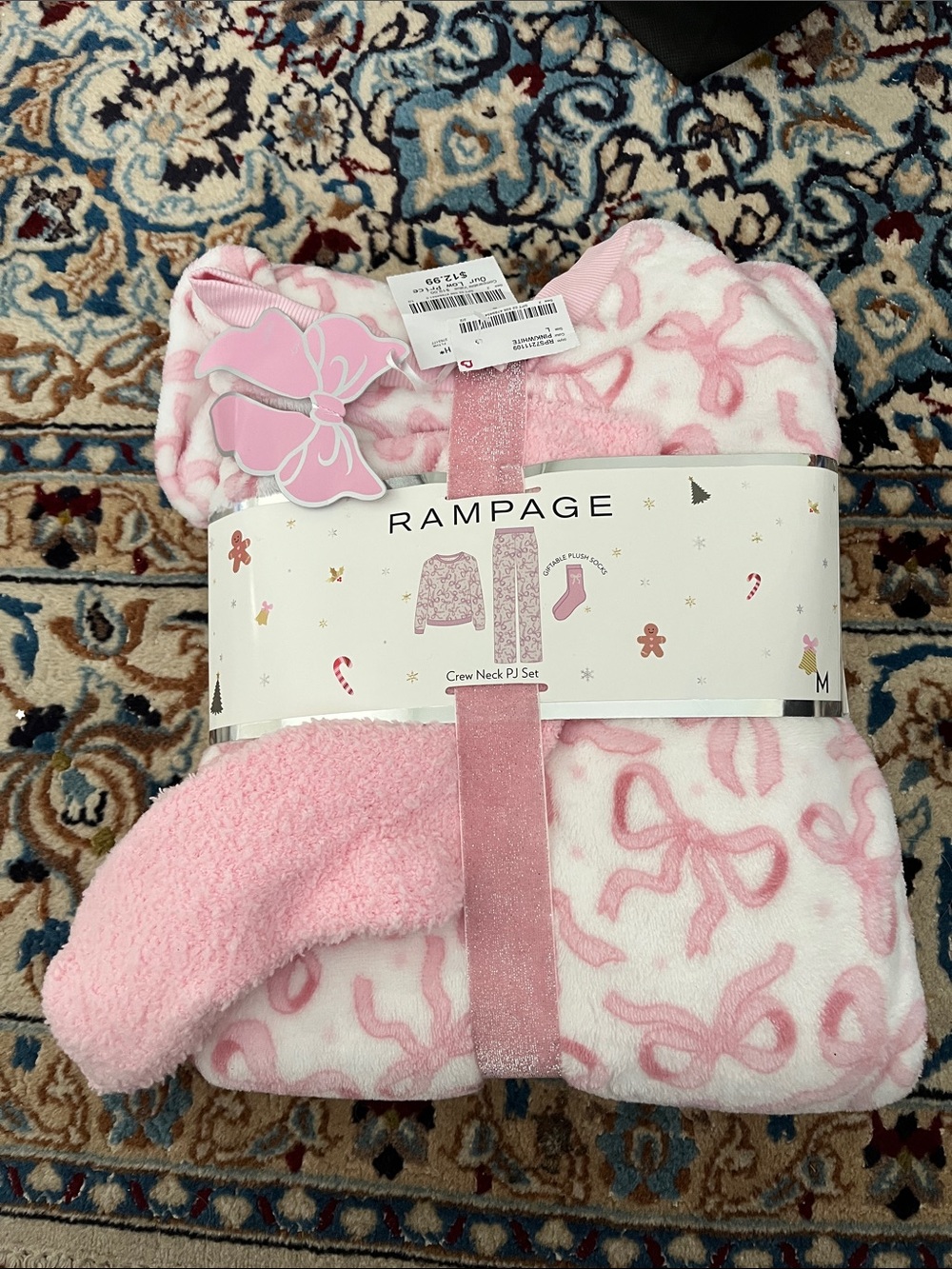 Rampage Pink & White Bow Print Plush Pajama Set